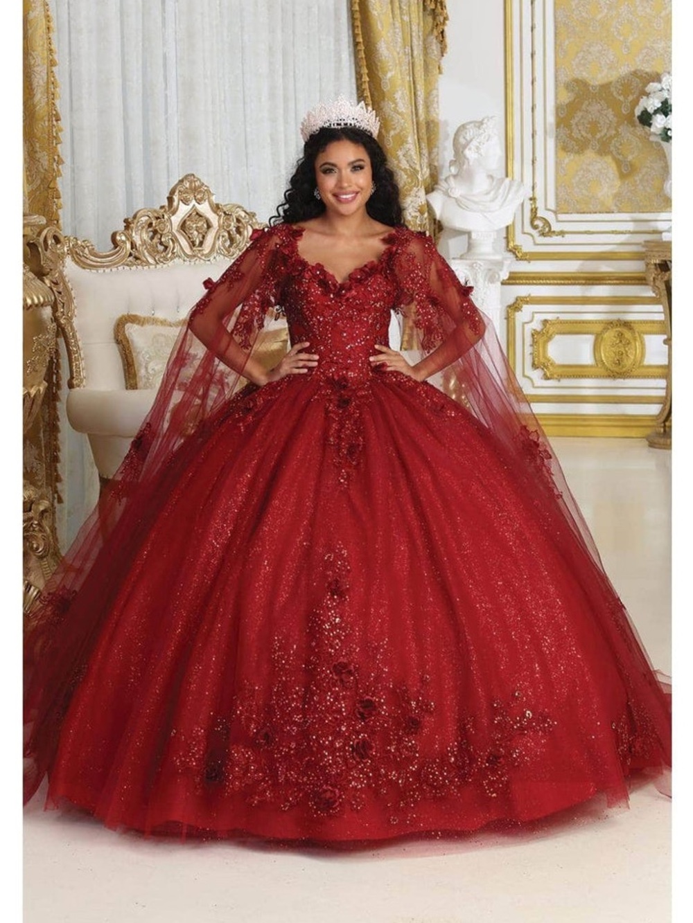 Red Beaded Ball Gown Dress with Sheer Draped Sleeves